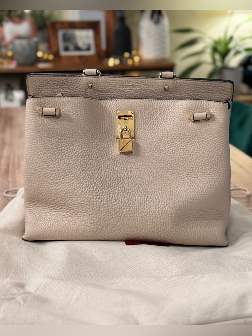 Valentino Garavani Rockstud Leather Lock Bag – Taupe
